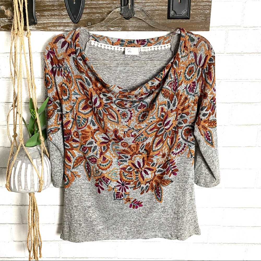 Anthro Postmark Grey Floral Print Top size Medium